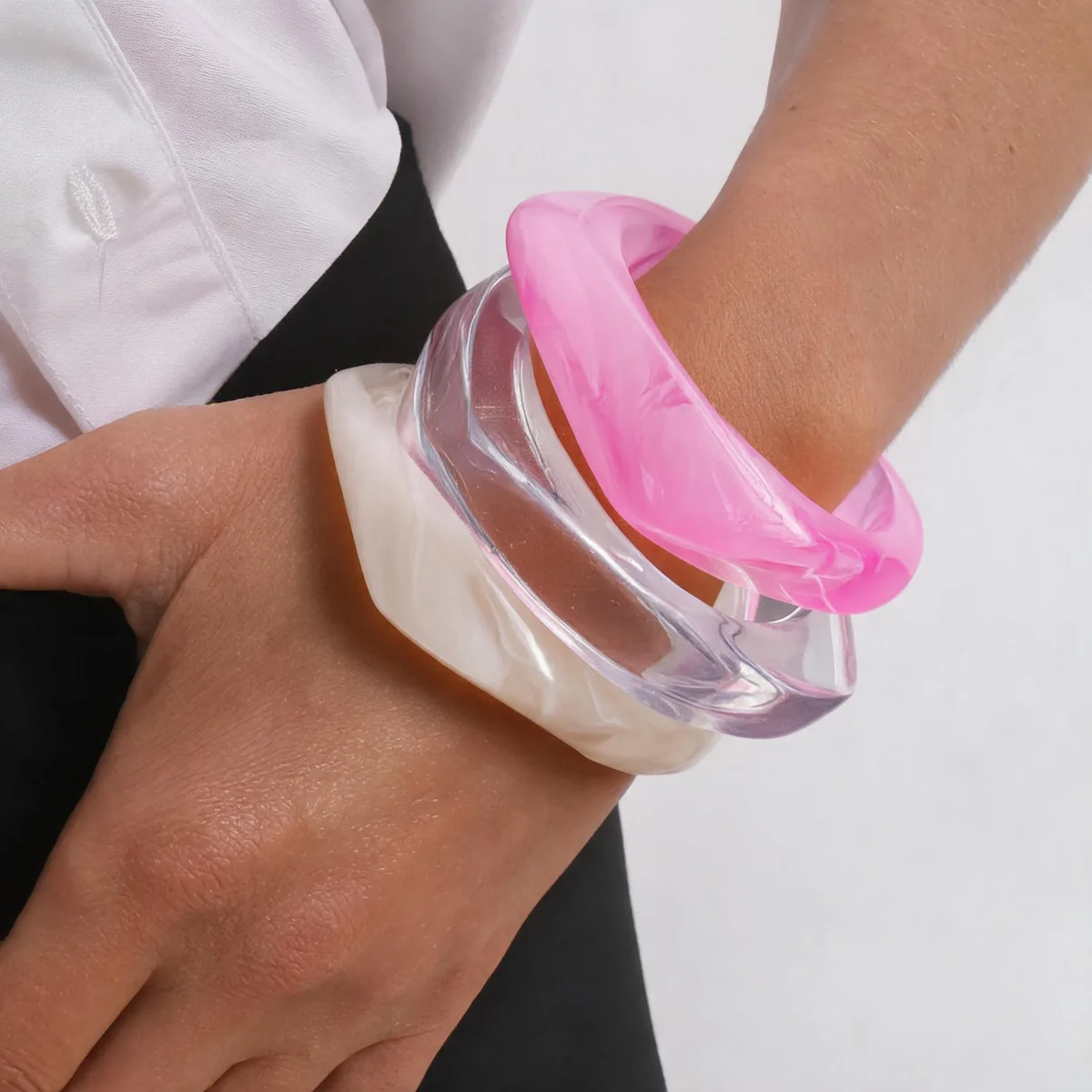 3 Pcs Smooth Translucent Resin Chunky Bangles Irregular Vibrant Pink Acrylic Smudging Bracelets Stackable Hand Jewelry Set K