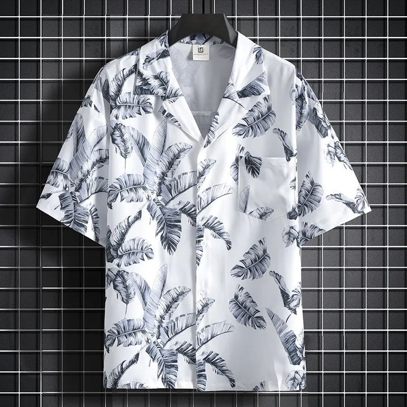 

Coconut Tree Pattern Printed Cuban Collar Thin Top Men's Beach Tourism Leisure Polo Button Pocket Clothing