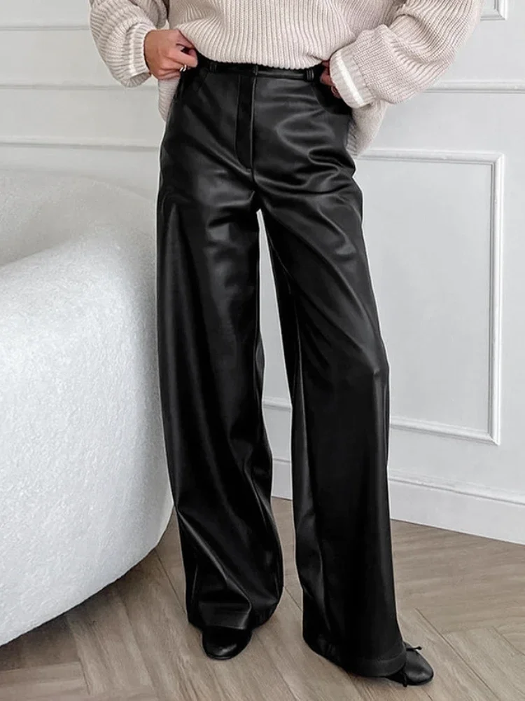 HOUZHOU PU Leather Pants Women 2024 Autumn Winter Casual Black High Waist Loose Wide Leg Pants Streetwear Trousers Office Lady