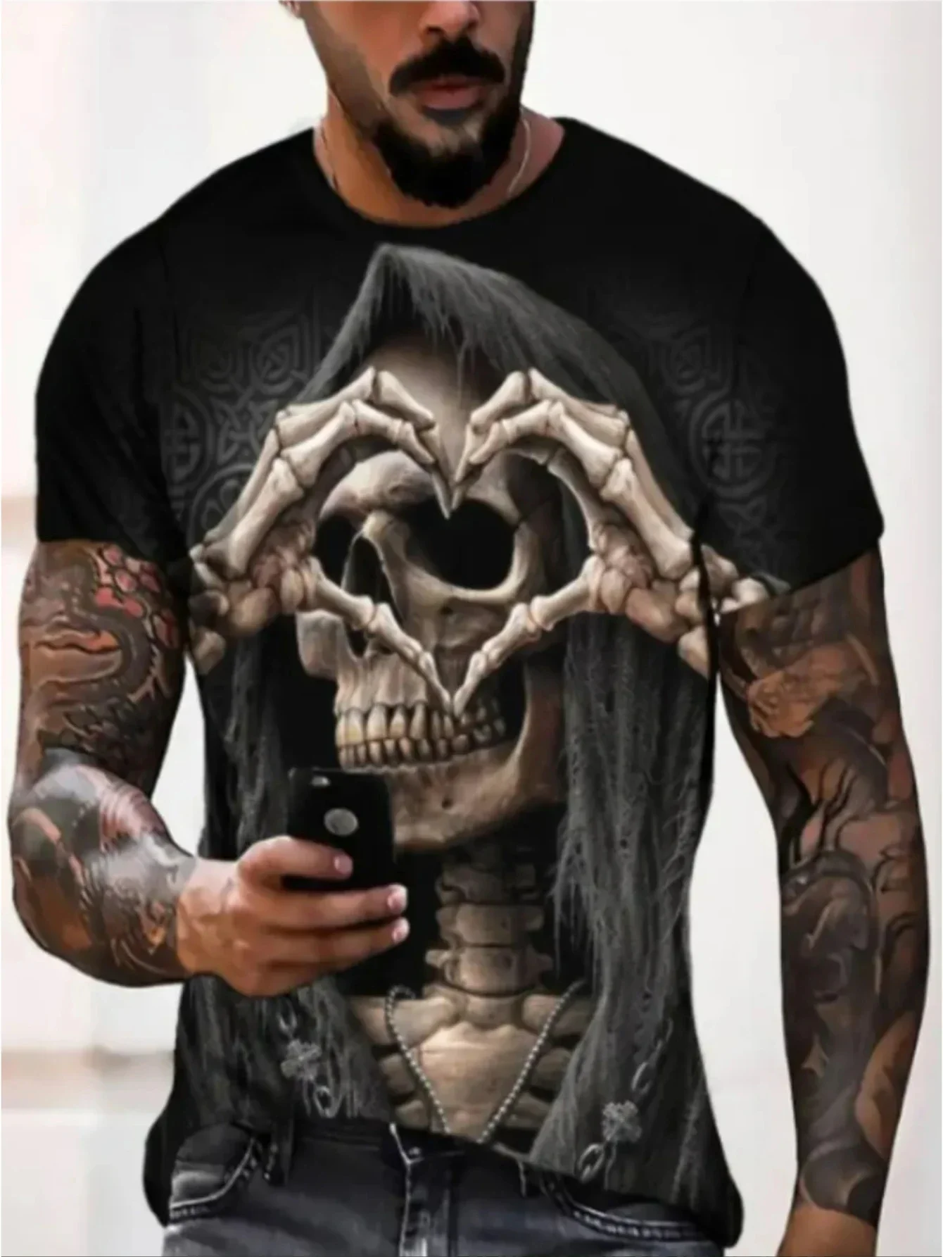 

Men's resort sports style T-shirt, skull print T-shirt, 3D round neck shirt, oversized casual sportswear, novelty for men