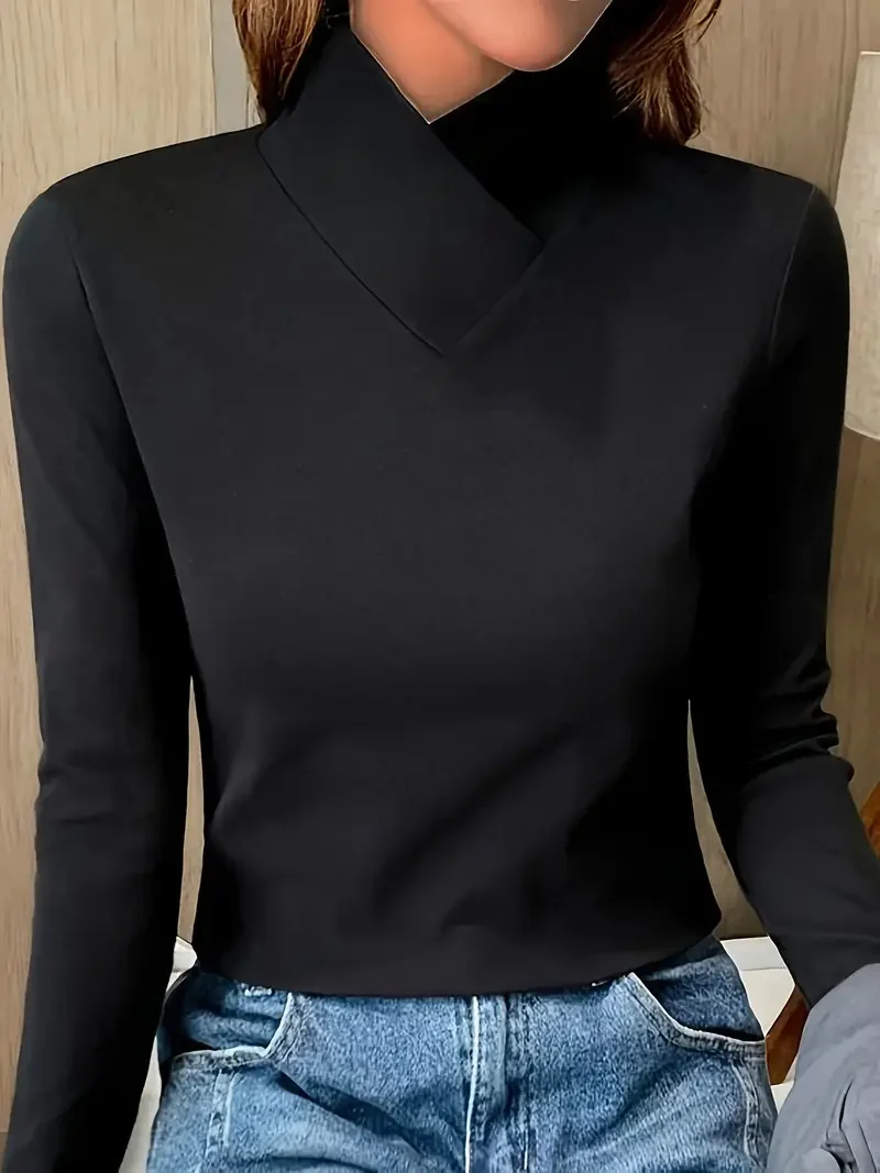 Herbst/Winter Damen Casual Langarm-T-Shirt mit hohem Kragen – Detail 5