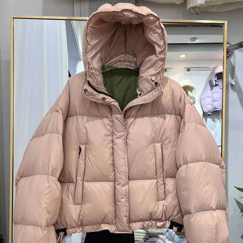2025 New Winter Thickened Elegance Down Jackets Women Short Hooded Loose White Duck Down Solid Color Women's Down Jackets H552
