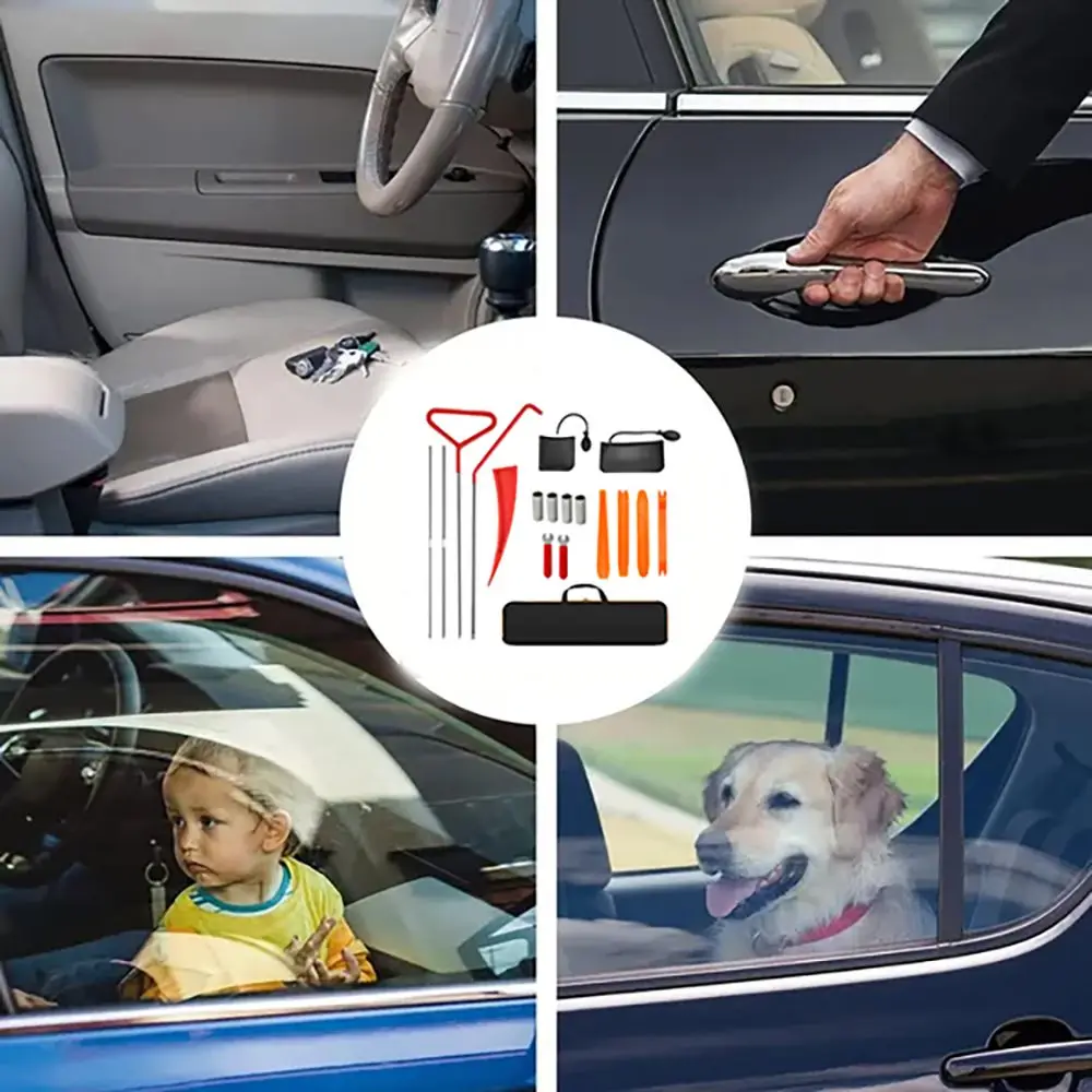 18-piece car emergency kit with window wedge, automatic trim and removal tool air wedge bag pump, long distance grabber,