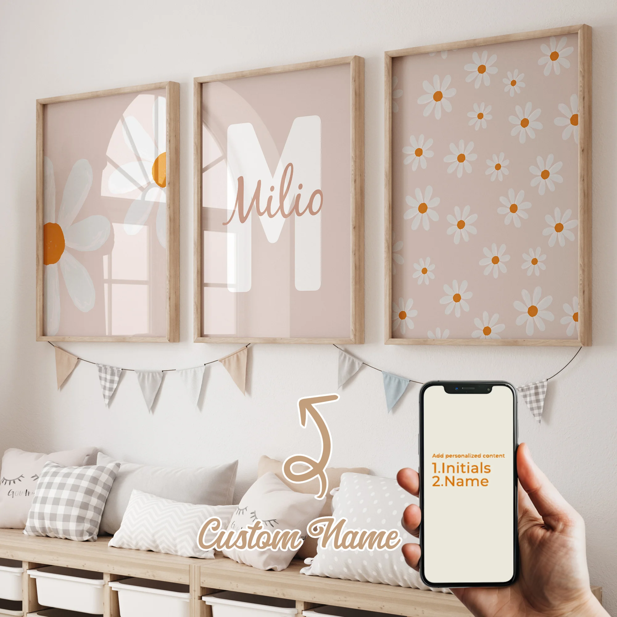 3pcs Personalized Custom Name Cartoon Daisy Wall Art Print Picture Canvas Poster Painting For Living Child Room Home Decor