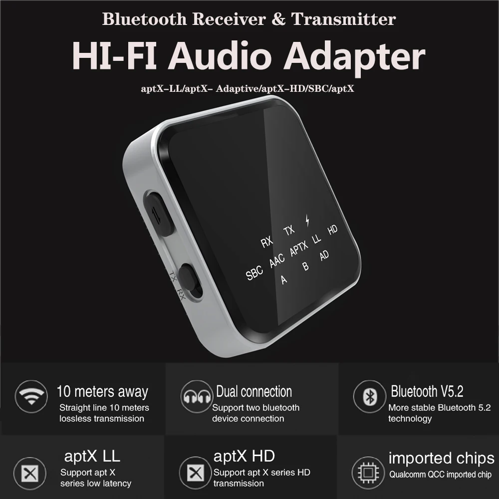 aptX-Adaptive/LL/HD Bluetooth 5.2 Audio Transmitter Receiver 3.5MM AUX Low Latency Lossless HIFI Stereo Music Wireless Adapter