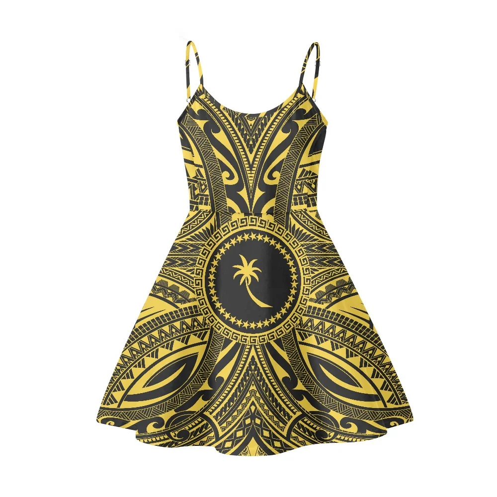 

Summer Women Mini Slip Dress 2023 Polynesian Tribal Clothing CHUUK Islander Golden Black Samoa Print Ladies Tank Casual Sundress