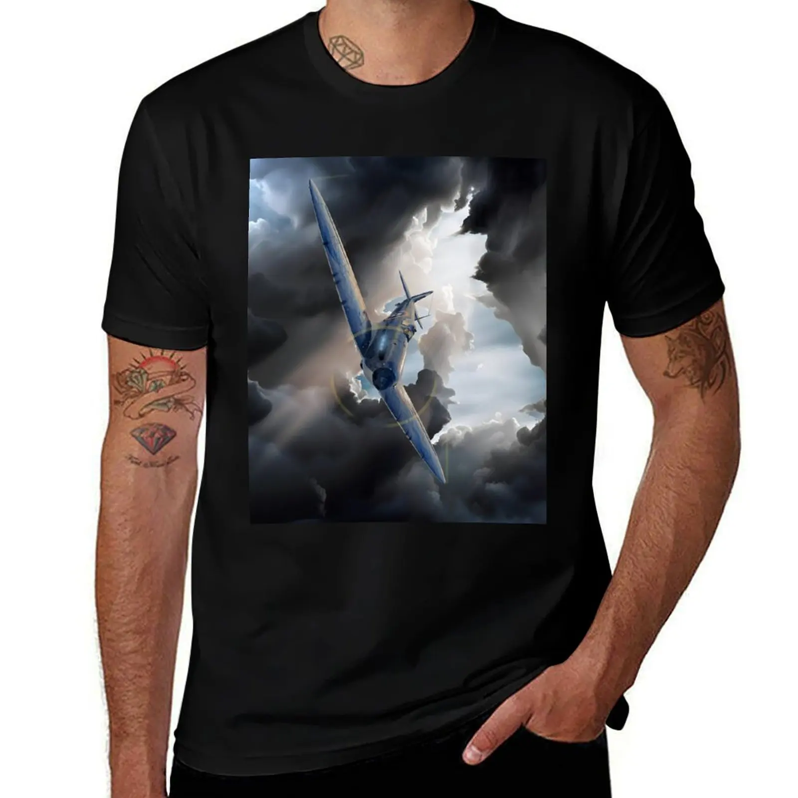 Spitfire Aircraft surrounded by dark clouds T-Shirt Active Sports Short Sleeve Cotton Shirt