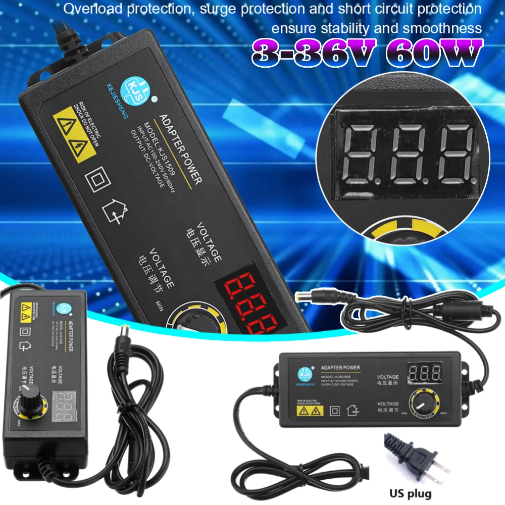Adjustable Power Adapter 3-36V 60W Power Switching Adapter Voltage Regulation Power Supply Adapter for Game Player Motor US Plug