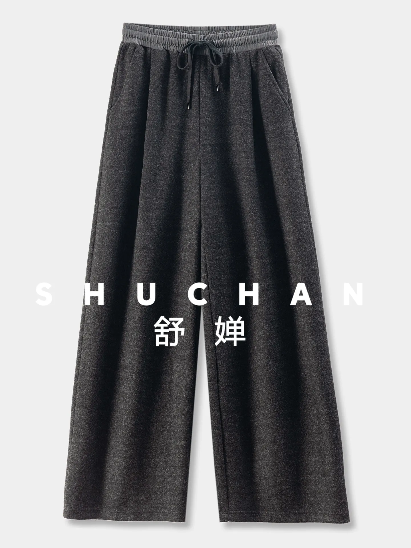 Calças grossas femininas de alta qualidade cintura elástica velo em linha reta calças de lã de perna larga feminina 89e4