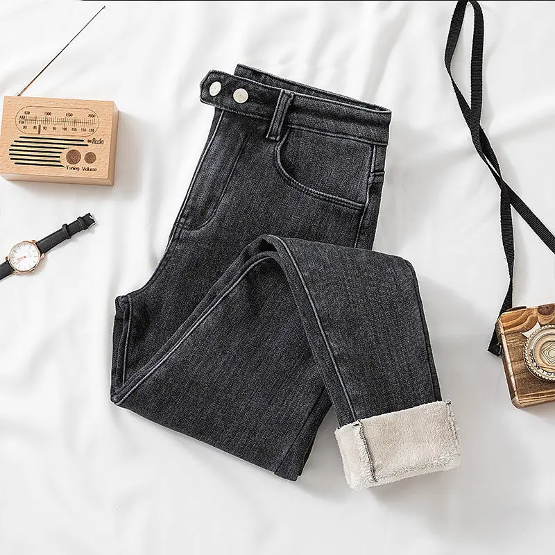 Winter Jeans Women Casual Plus Velvet Elastic High Waist Denim Trousers Office Lady Vintage Fleece Lined Stretch Pantalones