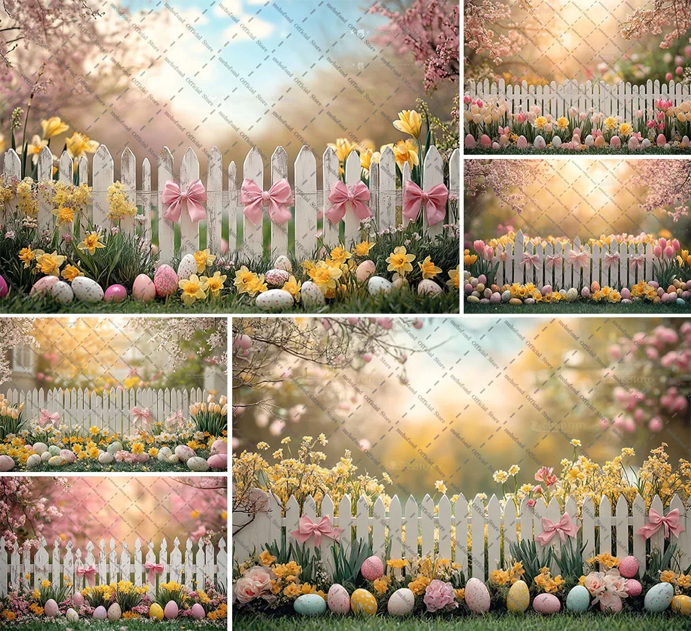 Mehofond Photography Background Spring Easter Garden Fence Flowers Bow Eggs Kids Birthday Portrait Decor Backdrop Photo Studio