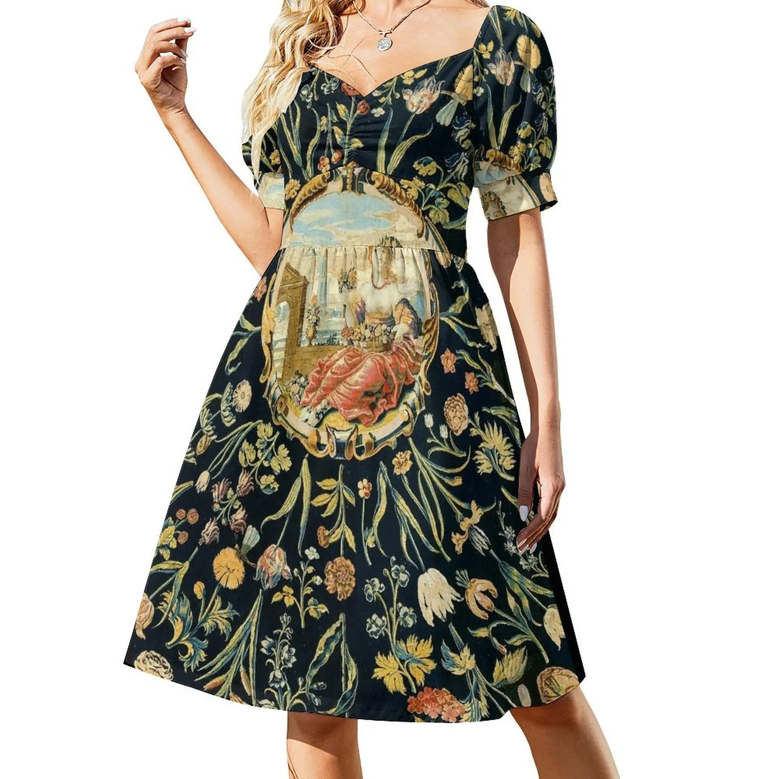 

LADY FLORA AMONG FLOWERS Antique Floral Tapestry Short-Sleeved Dress luxury dresses women's evening dress 2025