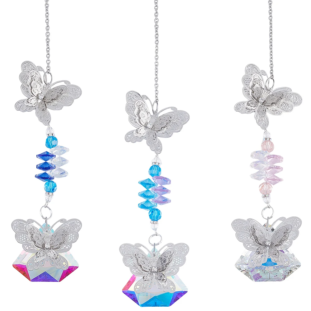 3Pcs Hanging Butterfly Suncatcher Rainbow Making Sun Catchers with S Hook Clasps Glass Colorful Faceted Pendant Ornaments