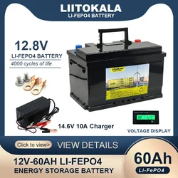 LiitoKala 12V/12.8V 60AH akumulatory LiFePO4 baterie litowe 4000 cykli do zapalniczki samochodowej wiatr słoneczny + ładowarka 14.6V bez podatku