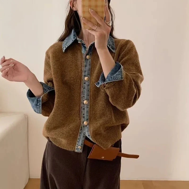 เสื้อสเวตเตอร์ถักลายปะผ้ายีนส์ แขนยาว สไตล์ฮาราจูกุ Y2K เกาหลี ทรงหลวม แฟชั่นลำลอง สตรีท คลาสสิก