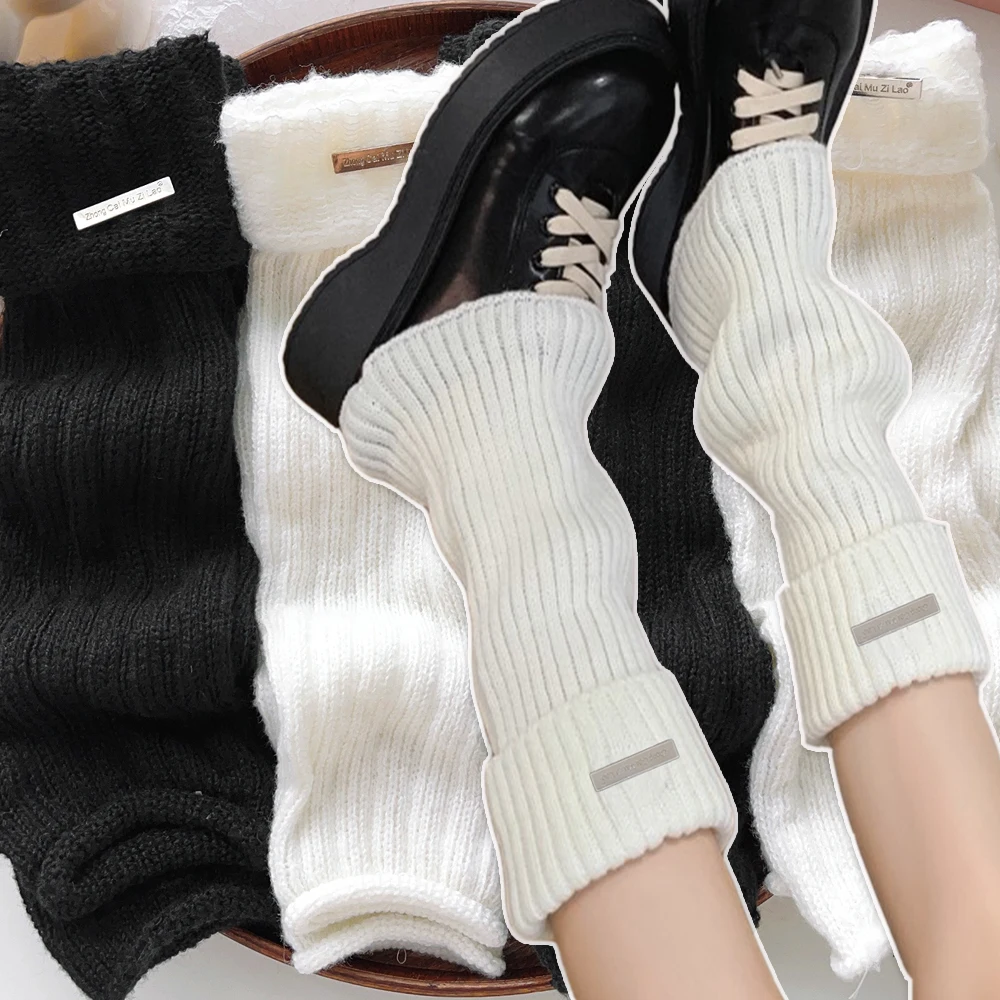Autumn and Winter Leg Warmers Japanese Metal Label Socks Female Knitted Warm Foot Cover White Black Y2K Stockings Leg Warmers image 6