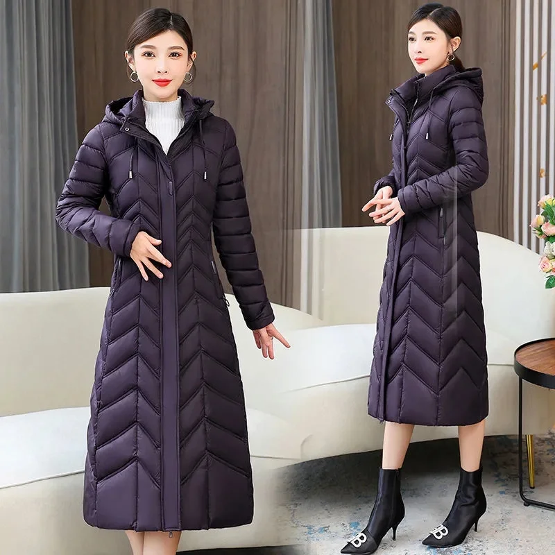 2024 New Winter Long Plaid Parkas Loose Thicken Warm Hooded Coats Women Casual Zip Up Windproof Black White Jackets Outwear