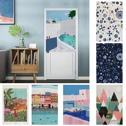 Nordic Style Scenery Painting Door Curtains For Kitchen Cafe Decoration Rod Pocket Hanging Curtains Thicken Linen Fabric Curtain