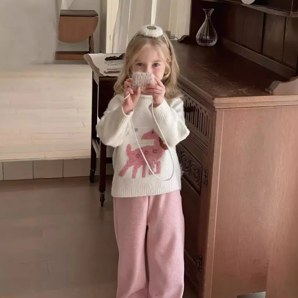 Winter Children's Clothing Girls' Fleece Wide-leg Pants 2024 Autumn and Winter New Children Casual Pants Integrated Fleece Pants