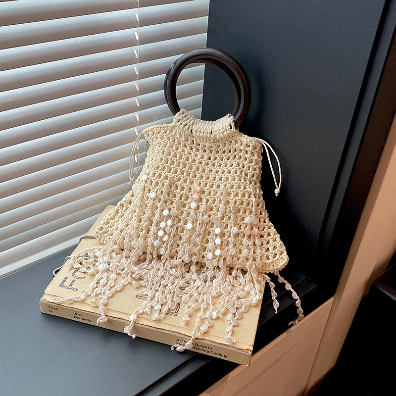 Boho Crochet Drawstring Handbag Wooden Ring Handle Beaded Fringe Crossbody Purse Summer Beach Festival Shoulder Bag for Women