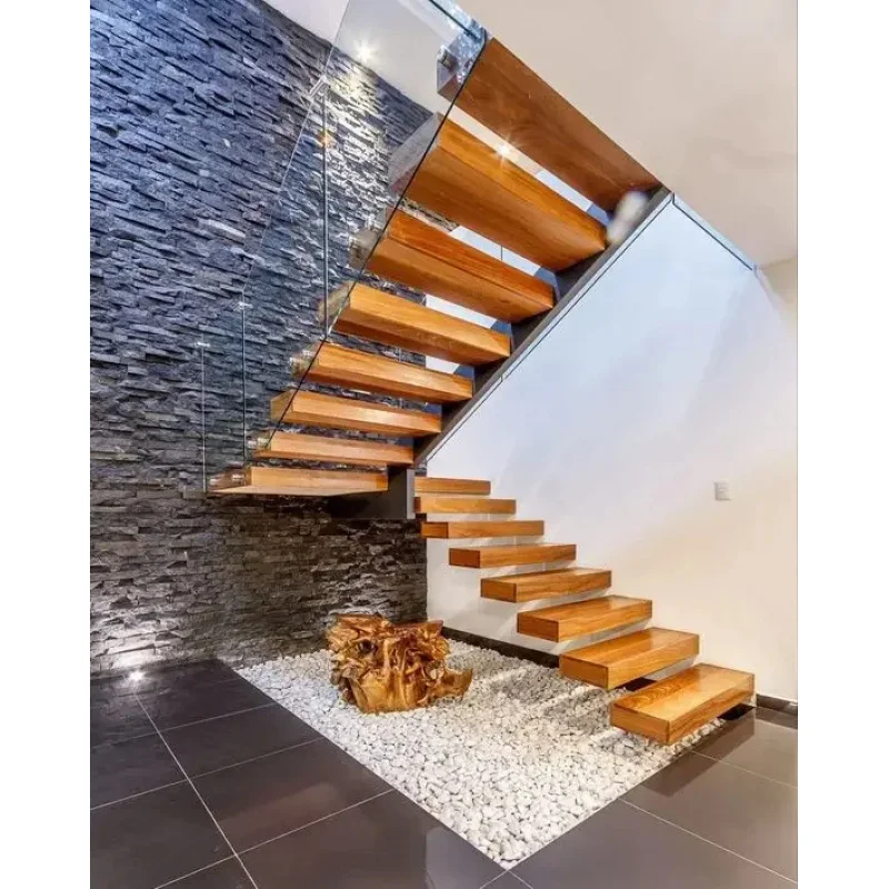 custom.Modern Home Floating Stairs Decoration Staircase Design Carbon Steel Stringer White Oak Wood Treads Indoor