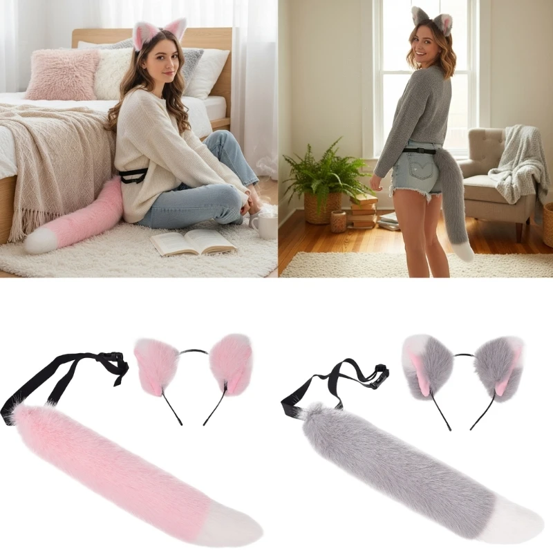 

E15F Realistic Foxes Girl Roleplay Set With Elastic Headband And Detachable Tail For Conventions Halloween