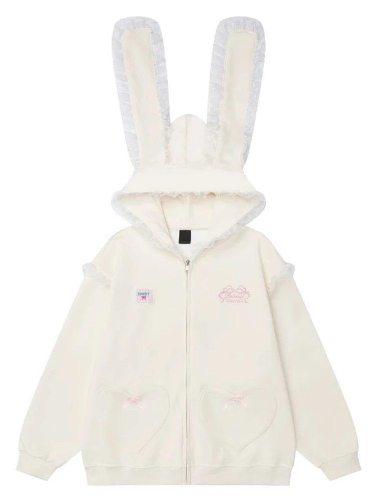 Japanese Coat Lace Rabbit Ear Hooded Sweatshirts Jacket Women's Spring and Autumn Casual Sweet Zipper Cardigan 2025 New