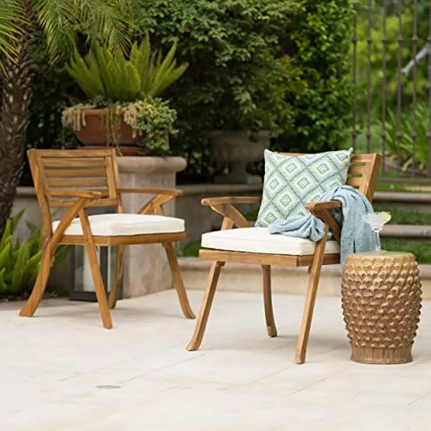 

Outdoor Acacia Wood Arm Chairs, 2-Pcs Set, Teak Finish / Cream