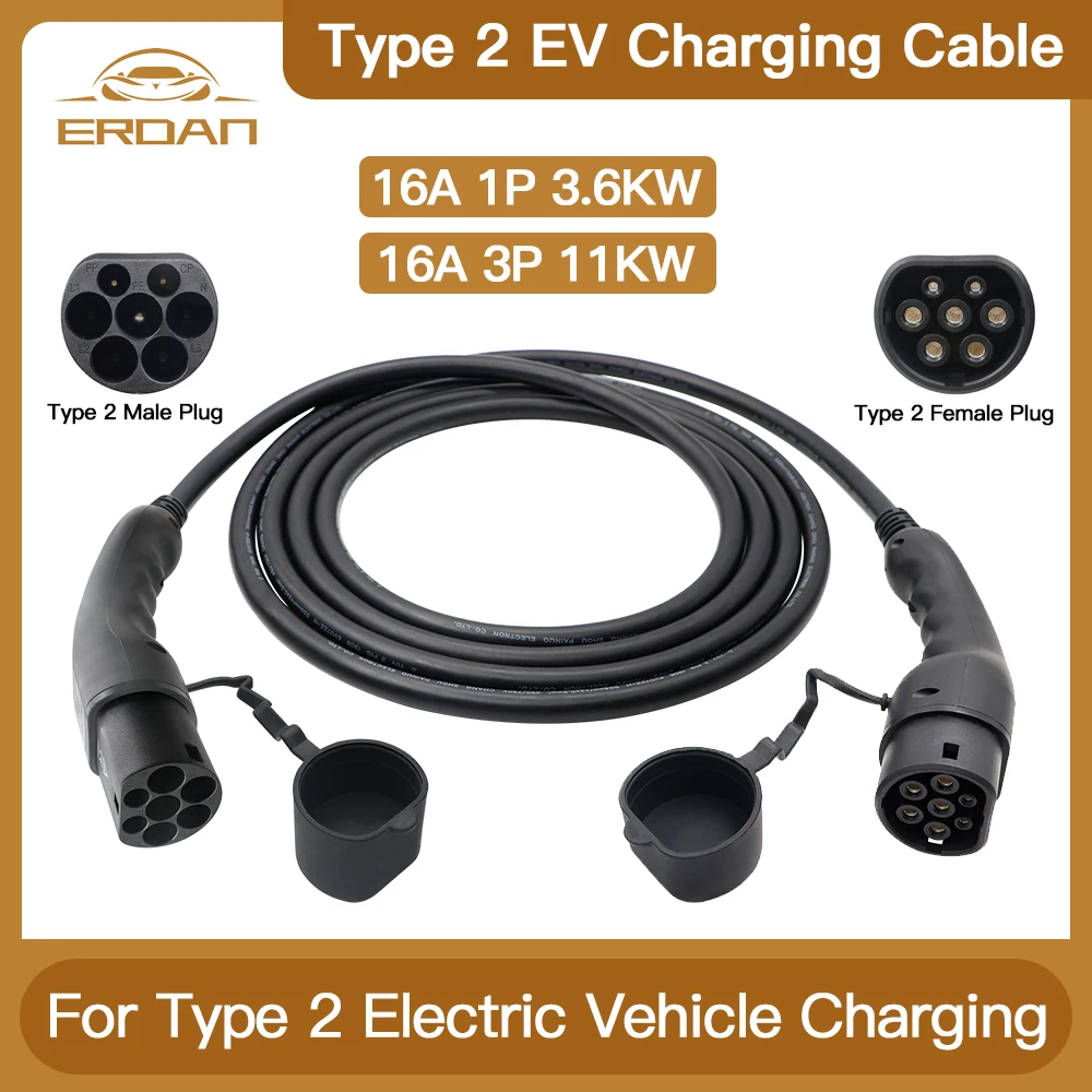 

ERDAN 16A EV Charging Cable Type 2 IEC 62196 for Electric Car to Station Male Plug 5 Meters Extension Cord