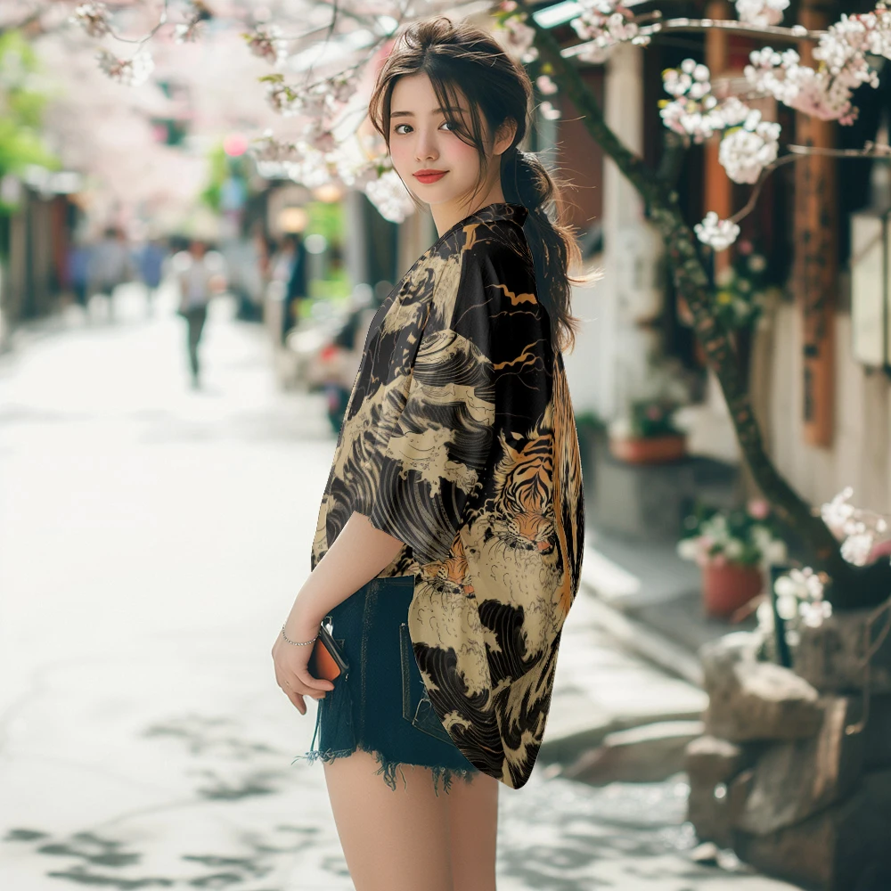 Bully Tiger Print Japanese Kimono Casual Fashion Kimono Loose Breathable Comfortable Unisex Fashion Japanese Kimono Neutral