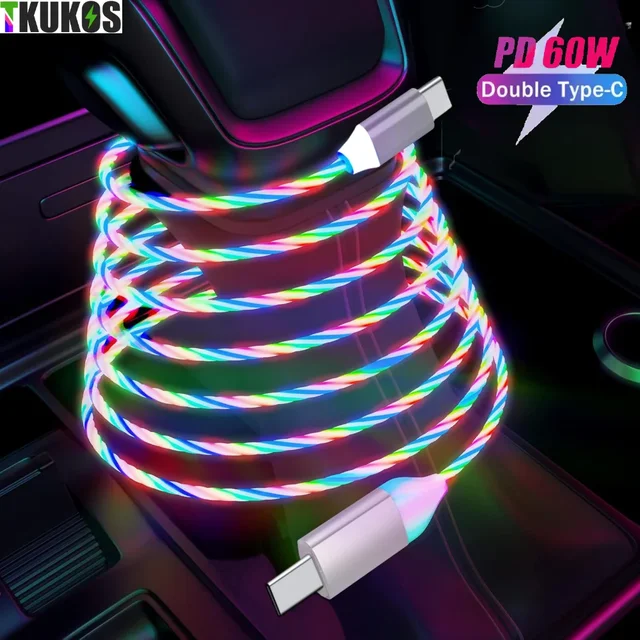 Kabel USB-C do Type C z podświetleniem, szybkie ładowanie 60W PD, do iPhone 15, Huawei, Xiaomi, przewód USB C, akcesoria do telefonów