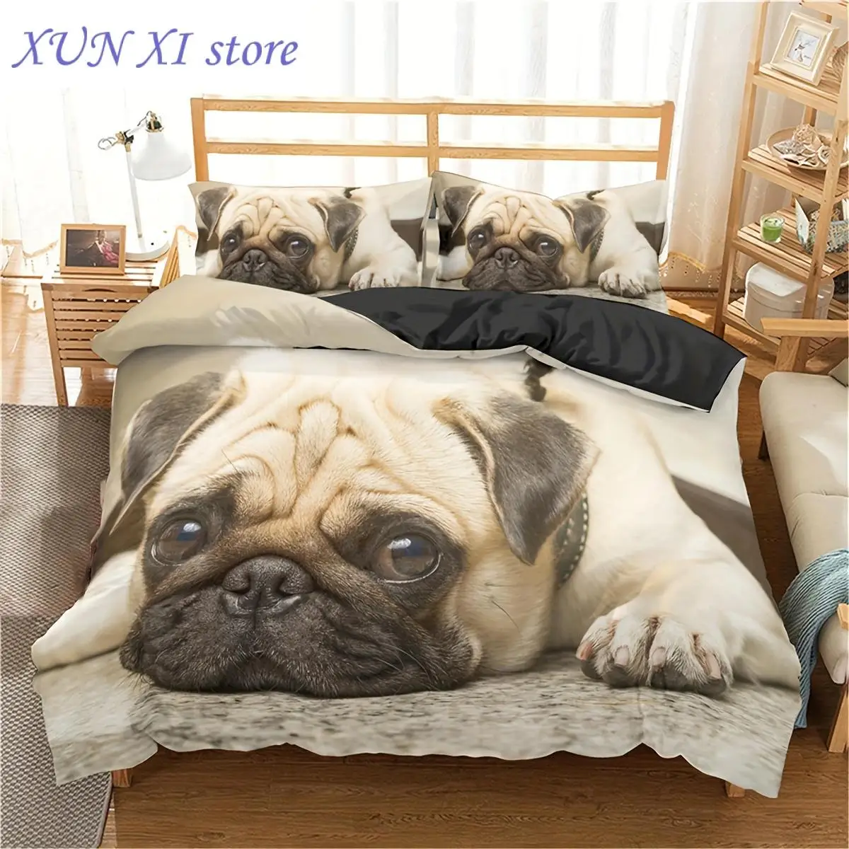 

New 2/3pcs 3D Cute Dog Print Duvet Cover Set (1 Duvet Cover 1/2 Pillowcase ), Pug Dog Bedding Set For Bedroom Dorm Room