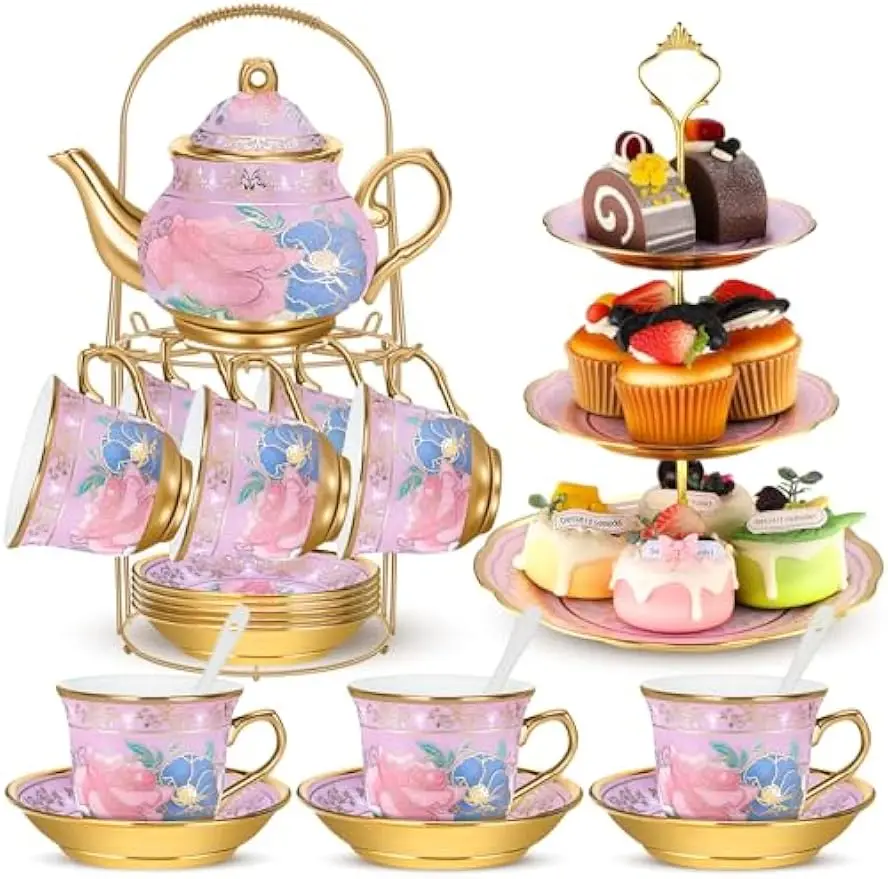 

21-Piece Purple Porcelain Tea Set with Metal Holder and Cupcake Stand for Women, Girls, Weddings, European Parties