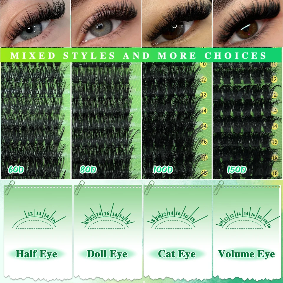 Kit de Clusters de Pestañas, 10–18 mm Curvatura D 60D/80D/100D/150D Naturales Gruesas Volumen Pestañas Individuales Libro Set Pegamento para Pestañas Extensión 2