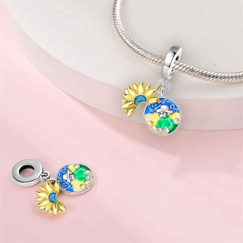 925 Sterling Silver Sunflowers Under The Starry Sky Charms Pendant Set Fit 3mm Original Bracelet DIY Women Birthday Jewelry Gift