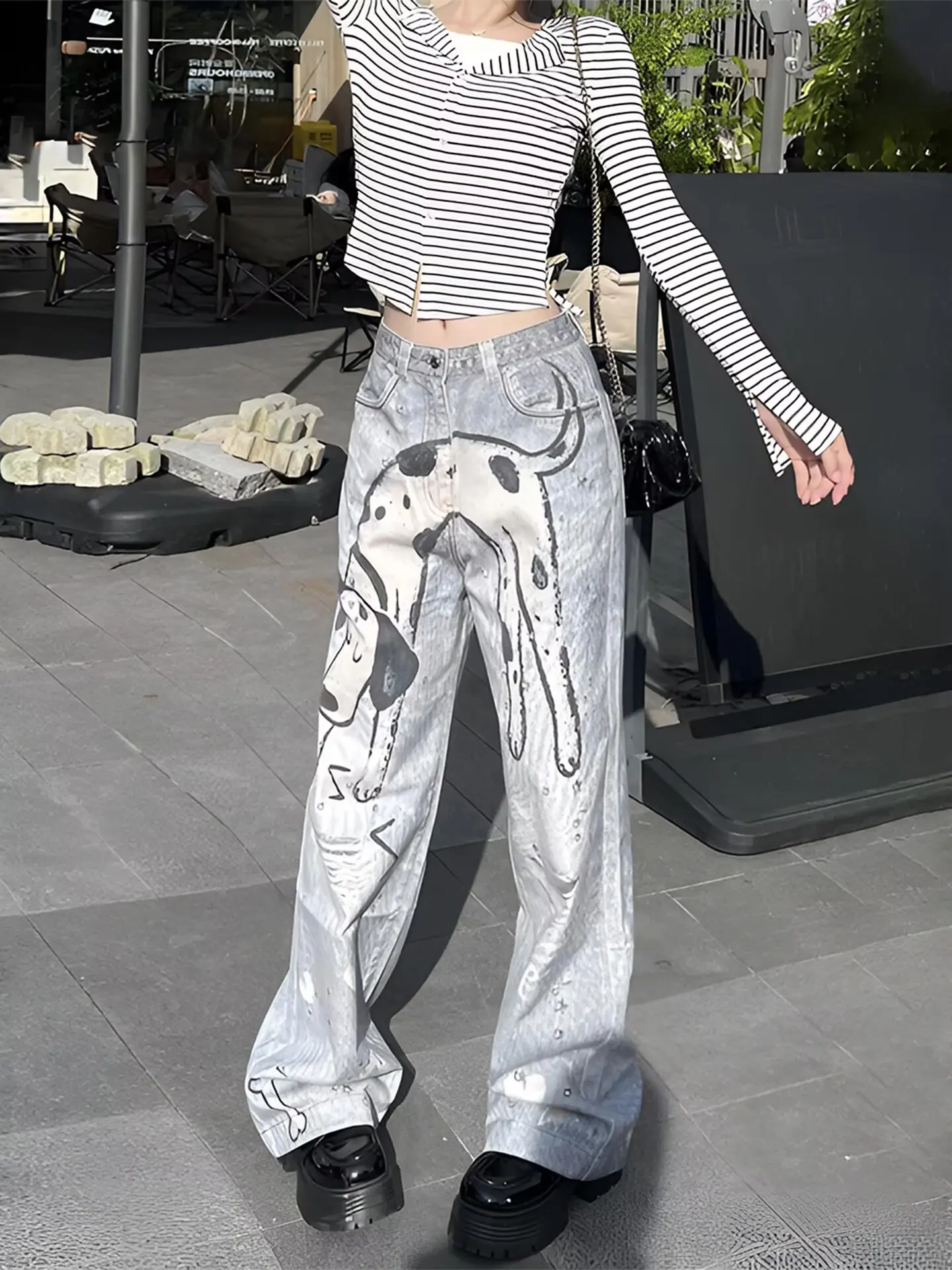 Fashion Retro Y2K Cartoon Sleepy Dog ​​pattern Loose Wide Leg Jeans Unisex Blue Cartoon Puppy Print Mopping Jeans Street Style