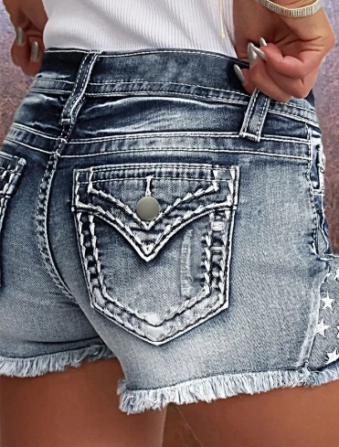 Ripped denim shorts with stretch, slim fit and versatile design, embroidered denim shorts for women