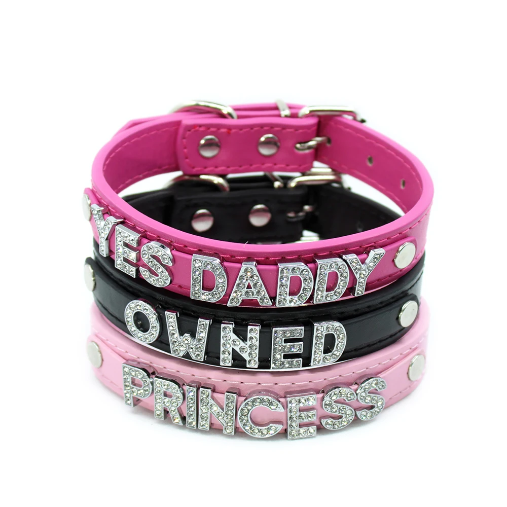 Fashion PU Leather Customized  Letters Daddy Shine Collar Sexy Rhinestone Bling Name Chocker Necklace Cosplay Jewelry