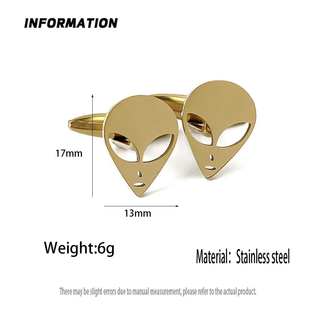 18K Gold Plated 316L Stainless Steel Alien Cufflinks Extraterrestrial Head Shirt Cuff Buttons Mens Suit Accessories