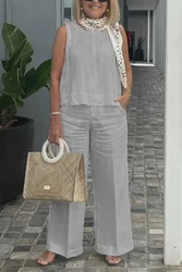 Conjunto de pantalón largo sin mangas para mujer, Camiseta holgada y elegante de 2 piezas, Color liso, verano, 2024