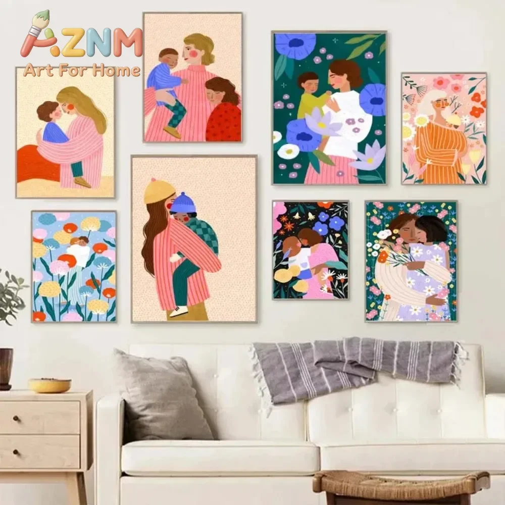 Motherhood Art Print Canvas Painting Young Mum and Kids Poster Maternal Love Floral Nursery Kids Room Home Wall Art Decoration