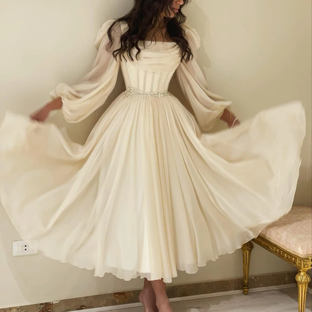 Jancember Dubai Beige Short Midi Arabic Evening Dress With Belt Long Sleeves Tea Length Women Formal Wedding Party Gowns Scz136