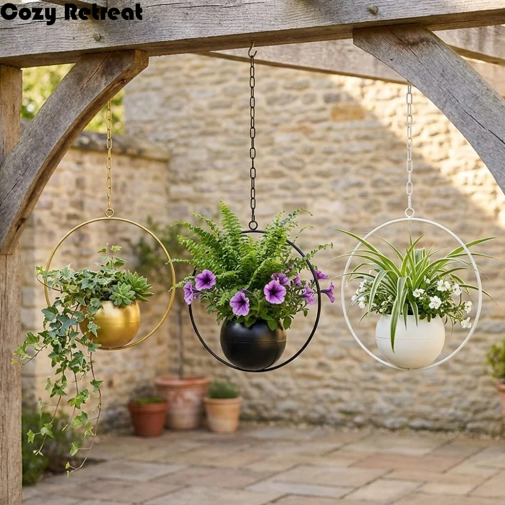 Minimalist Metal Hanging Flower Pot Iron Art with Chain Hook Wall Mounted Flower Holder Handmade Wear-resistant