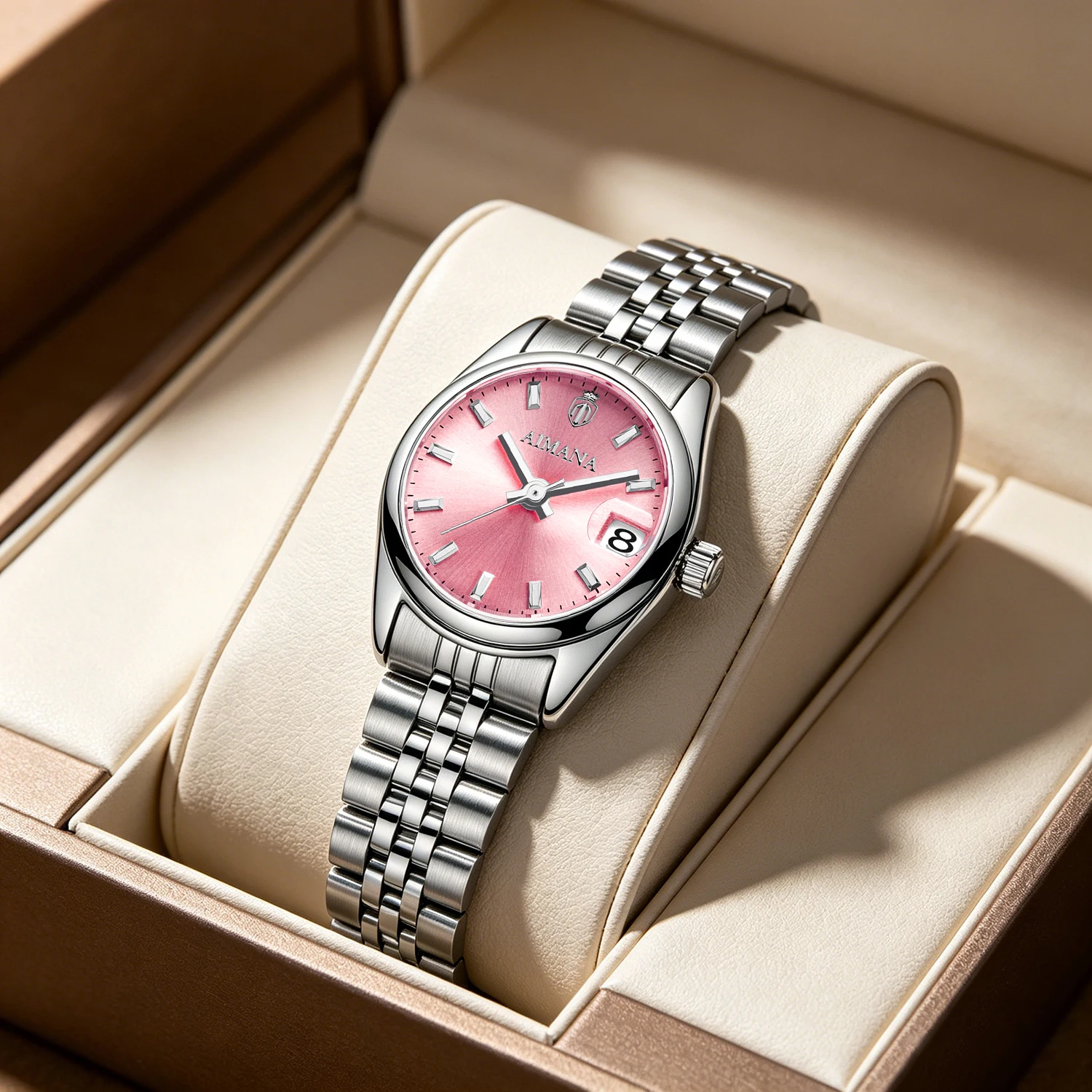 

AIMANA Women's Gift Quartz Watch Stainless Steel Band Waterproof Luminous Pink Dial Luxury Ladies Wristwatch With Calendar
