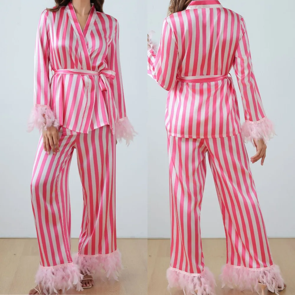 

Spring Autumn New Feather Silk Satin Long-sleeved Trousers V-neck Pink White Striped Women's Loungewear Set 2 PCS Set