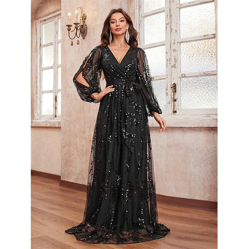 Black dress 2024 New Women Long sleeve V Neck High Waist Elegant Sequined Cocktail Prom Wedding Evening Party Long Maxi dresses