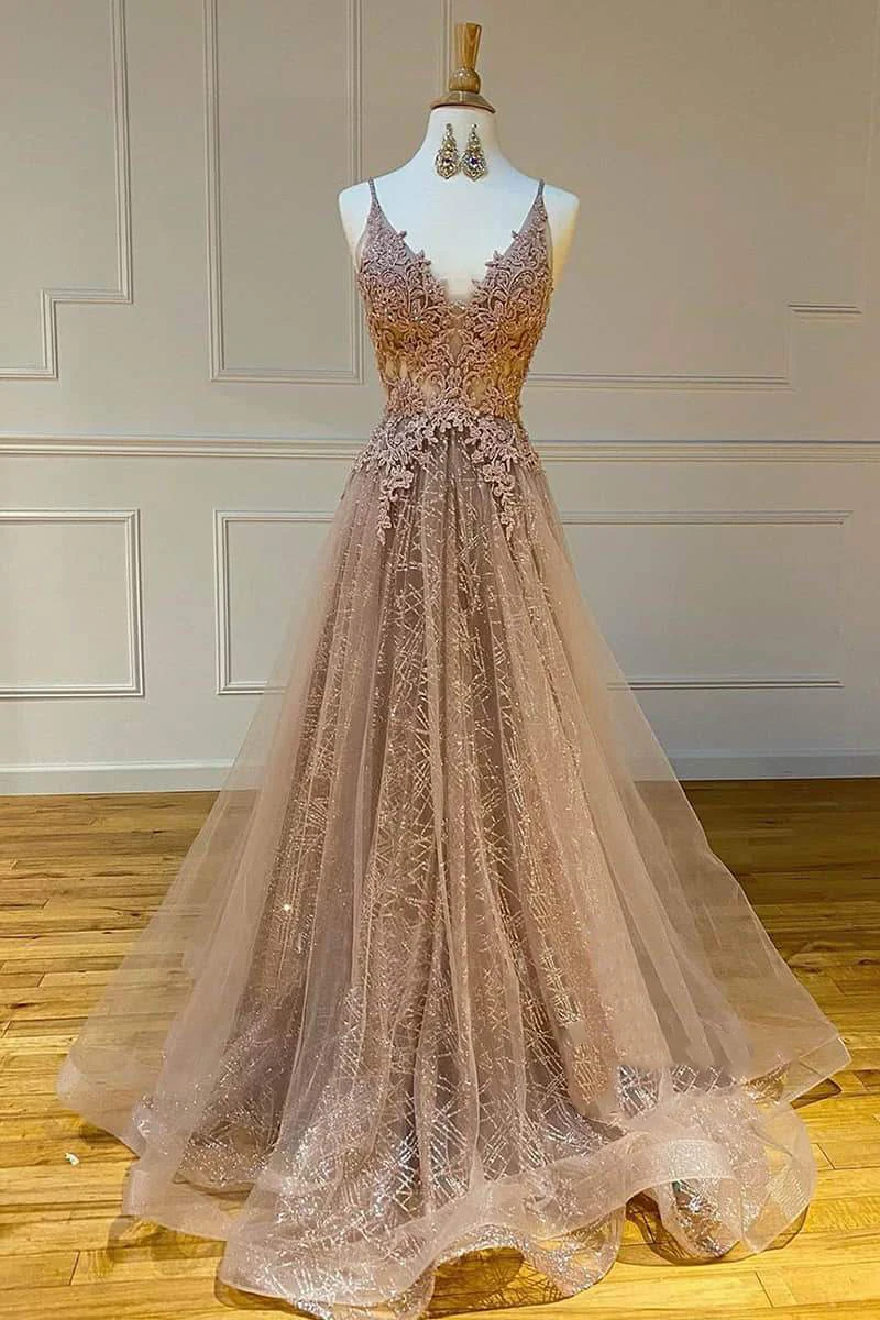 Dignified Tulle V-Neck Sleeveless A-Length Lace Formal Appliqué Beaded Homecoming Party Formal Prom Dress فساتين مناسبة رسمية