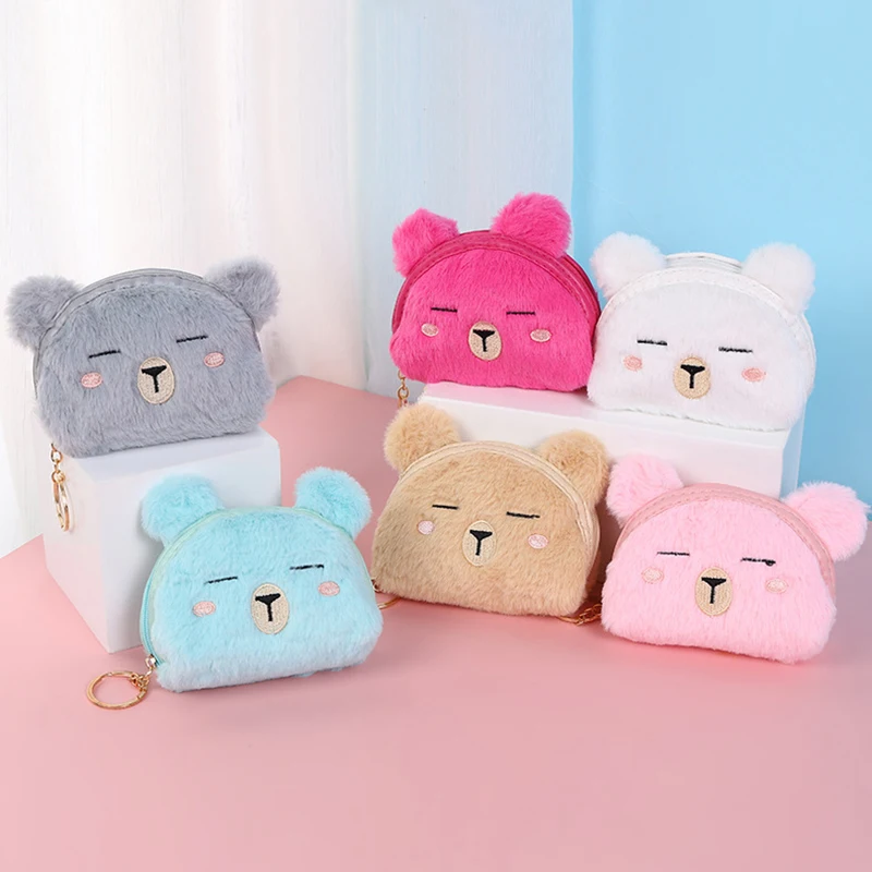 Cute Bear  Plush Wallet Cartoon Animal Coin Purse Card Case Portable Money Changer Pouch Earphone Storage Bag Birthday Gifts