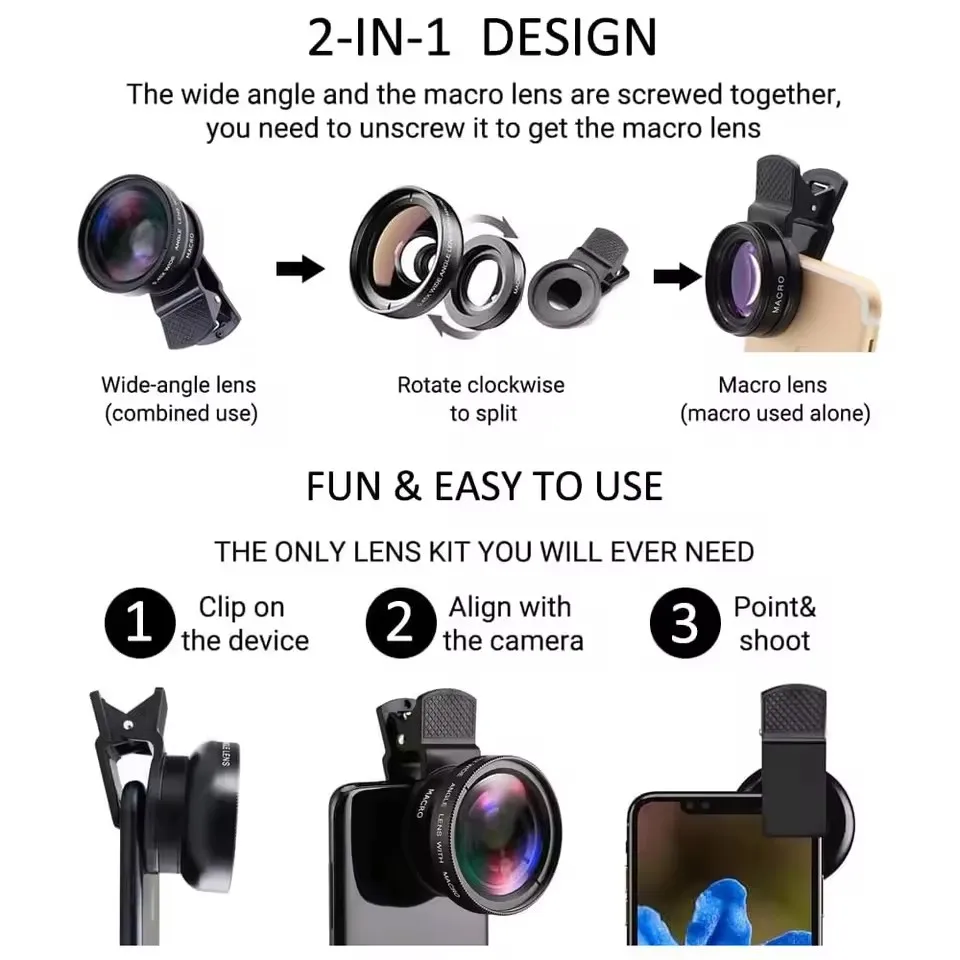 2 Functions Mobile Phone Lens 0.45X Wide Angle Len & 12.5X Macro Hd Camera Lens Universal for iPhone Android Phone Smartphone