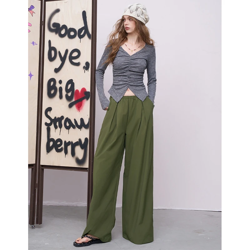 ELFSACK 2025 Summer New Arrival Basic Luźne, jednolite, marszczone, proste, długie spodnie dla kobiet